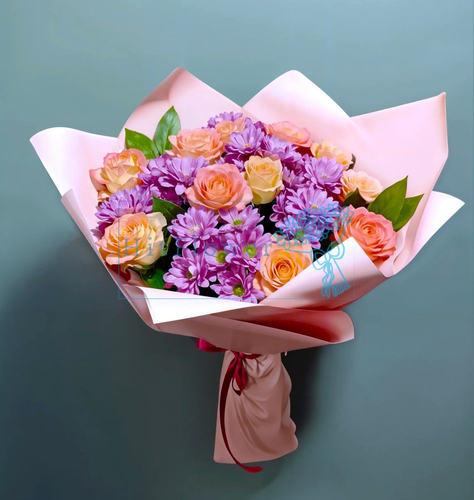 Букет цветов из: Хризантемы и Розы